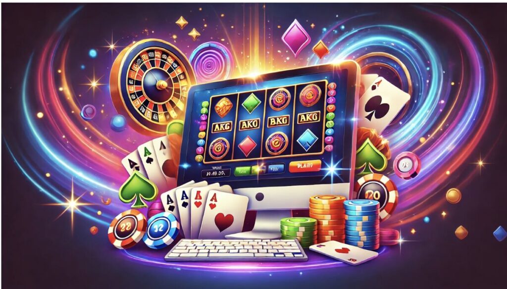 illustration colorée de jeux de casino en ligne avec cartes, jetons et roulette