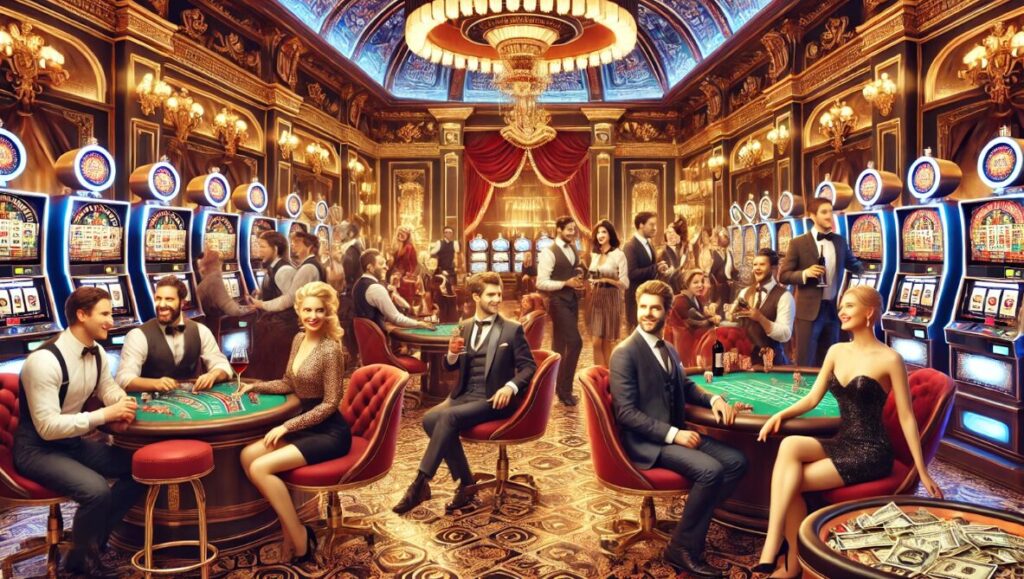 intérieur luxueux d'un casino avec joueurs, machines à sous et tables de jeu