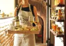 A waitress in a vintage apron serves wine and appetizers in a cozy, rustic indoor setting.