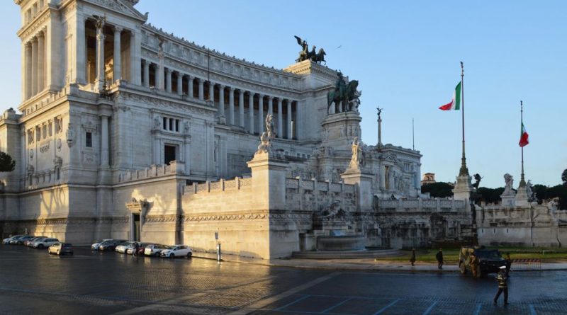 Stunning view of the Altare della Patria in Rome with Italian flags waving.
