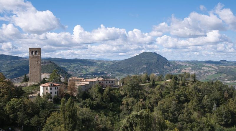 Scenic aerial view of San Leo castle and village in Emilia-Romagna, Italy.