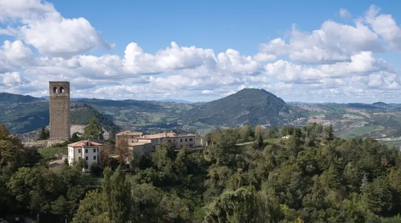 Scenic aerial view of San Leo castle and village in Emilia-Romagna, Italy.