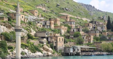 Picturesque Halfeti village with stone houses along the river, surrounded by lush hills.