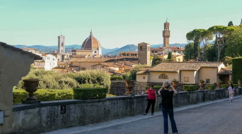 Florence cityscape with duomo and people walking