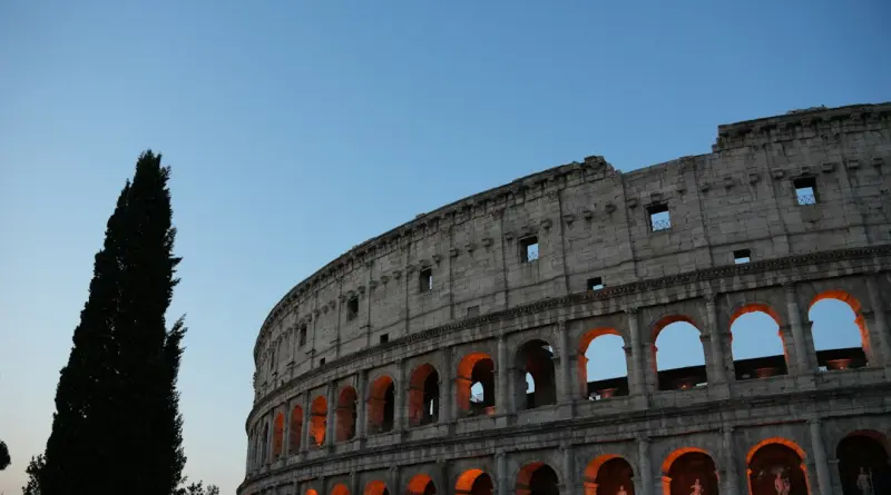 The colosseum illuminated at dusk with a tall tree